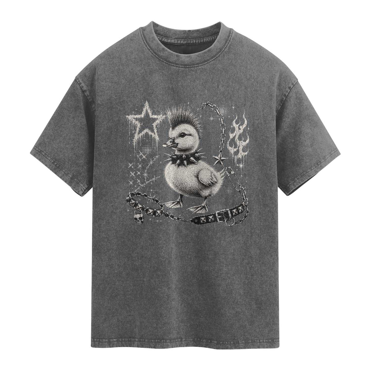 Punk Rock Duckling Mohawk Spooky Y2K Grunge Graphic Washed Cotton T-Shirt