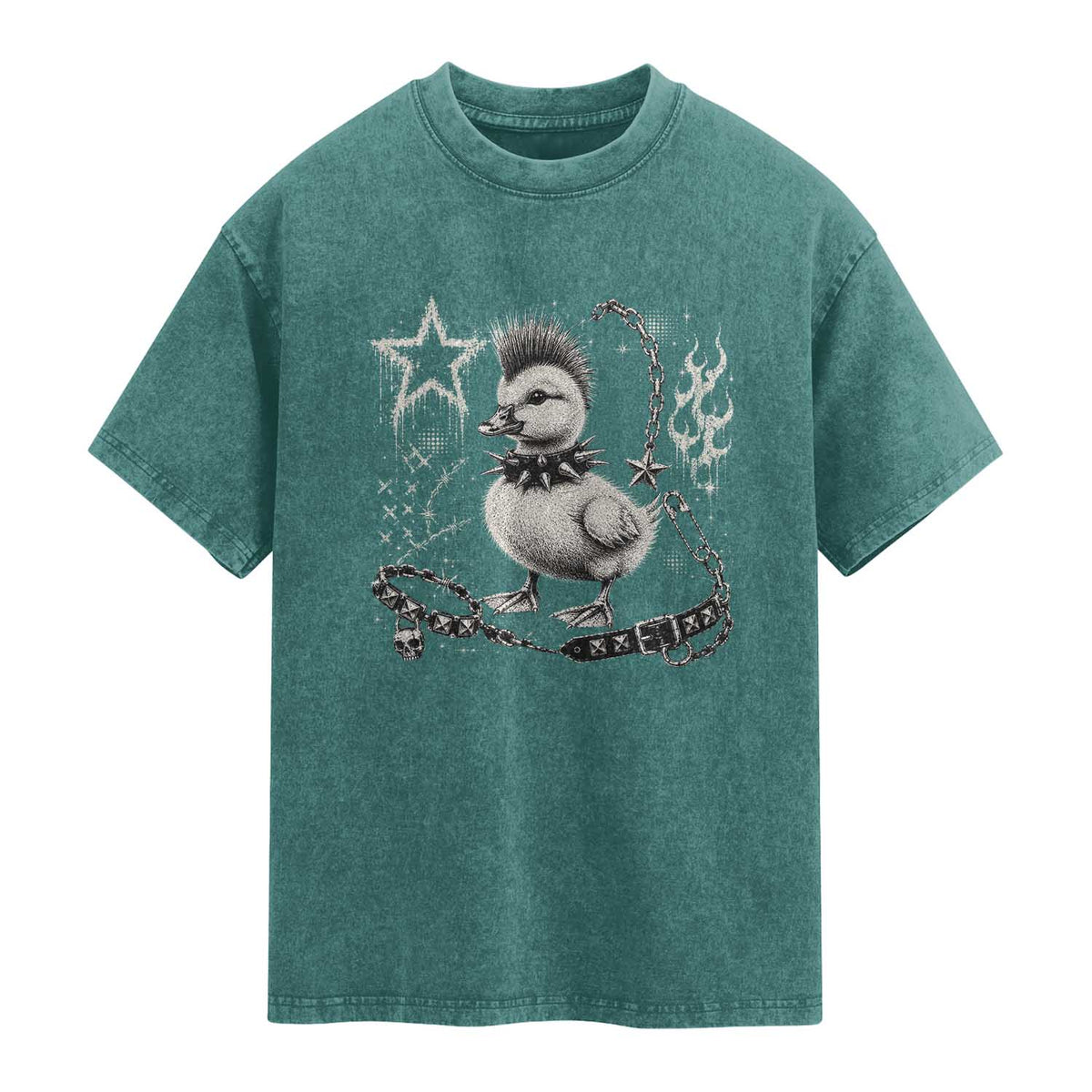 Punk Rock Duckling Mohawk Spooky Y2K Grunge Graphic Washed Cotton T-Shirt
