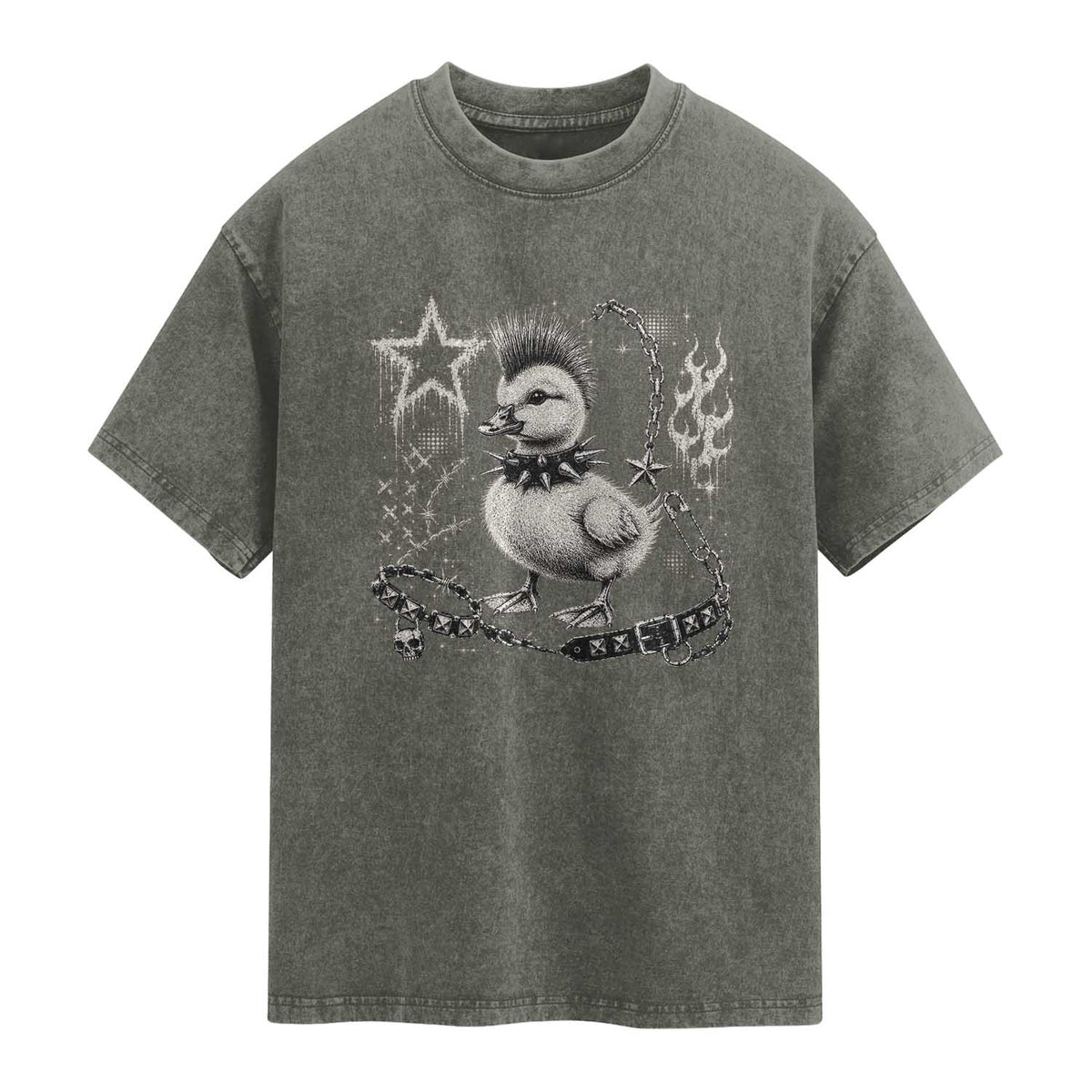 Punk Rock Duckling Mohawk Spooky Y2K Grunge Graphic Washed Cotton T-Shirt