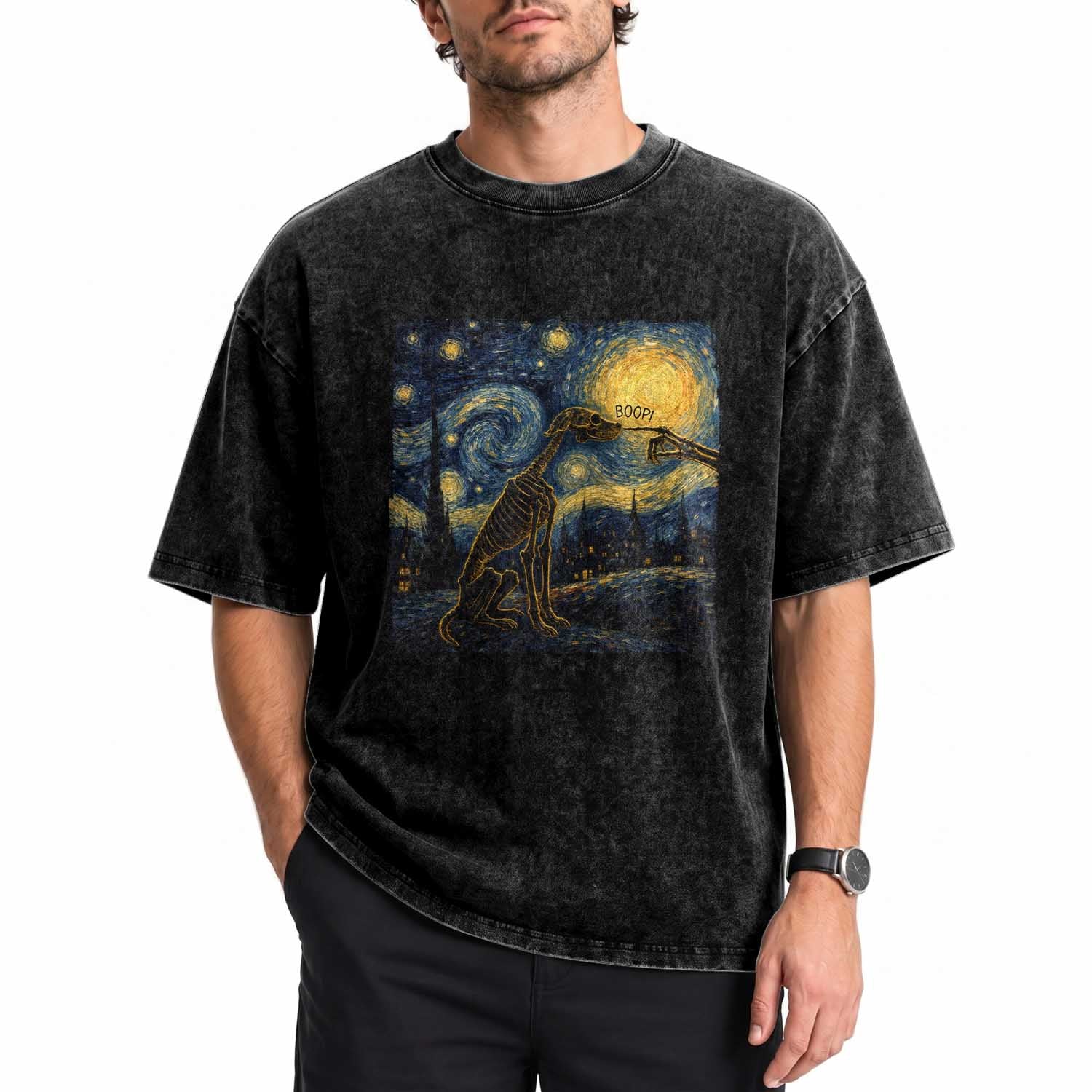 Boop Skeleton Dog Starry Night Van Gogh Art Washed Cotton T-Shirt Funny Spooky Dog Lover Halloween Graphic