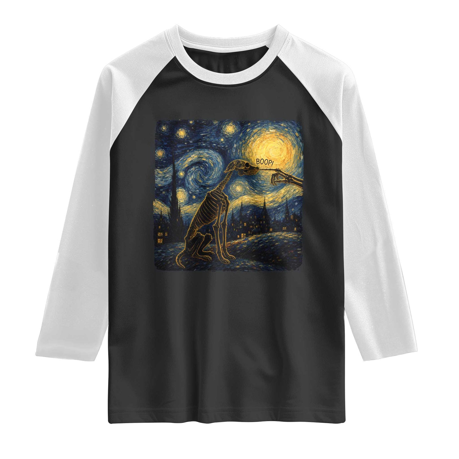 Boop Skeleton Dog Starry Night Van Gogh Art Raglan Shirt Funny Spooky Dog Lover Halloween Graphic
