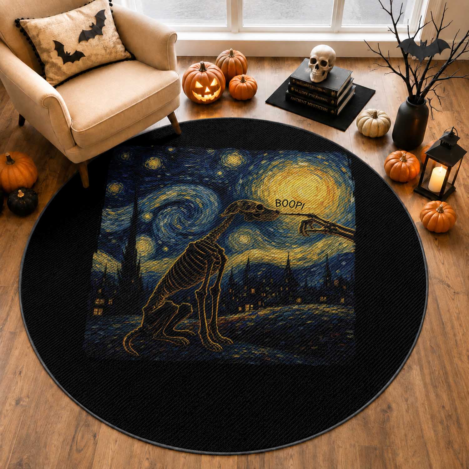 Boop Skeleton Dog Starry Night Van Gogh Art Round Rug Funny Spooky Dog Lover Halloween Graphic