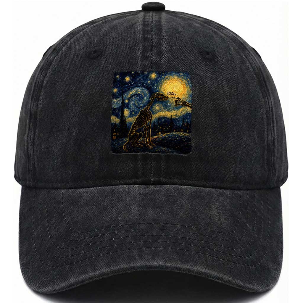 Boop Skeleton Dog Starry Night Van Gogh Art Washed Cotton Baseball Cap Funny Spooky Dog Lover Halloween Graphic