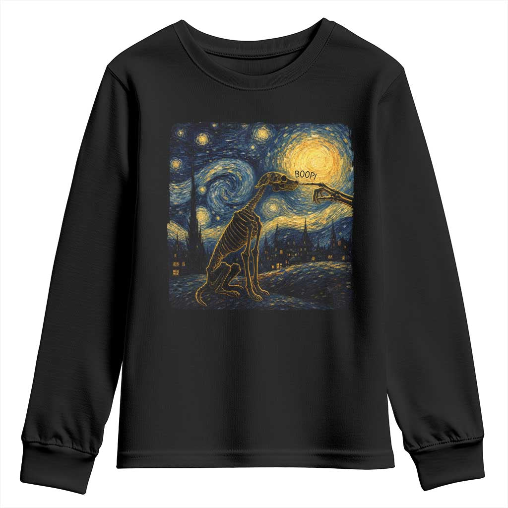 Boop Skeleton Dog Starry Night Van Gogh Art Youth Sweatshirt Funny Spooky Dog Lover Halloween Graphic