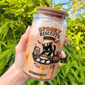 Kitty Biscuits Bakery Black Cat Halloween Glass Can Spooky Season Vintage Baking Pumpkin Cat Lover Fall Gift