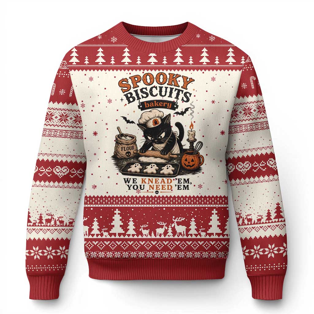 Kitty Biscuits Bakery Black Cat Halloween Ugly Christmas Sweater Spooky Season Vintage Baking Pumpkin Cat Lover Fall Gift