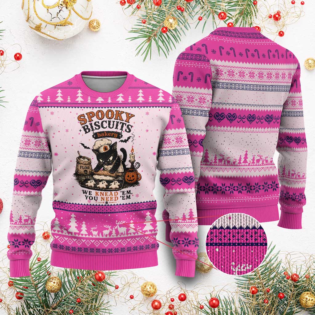 Kitty Biscuits Bakery Black Cat Halloween Ugly Christmas Sweater Spooky Season Vintage Baking Pumpkin Cat Lover Fall Gift