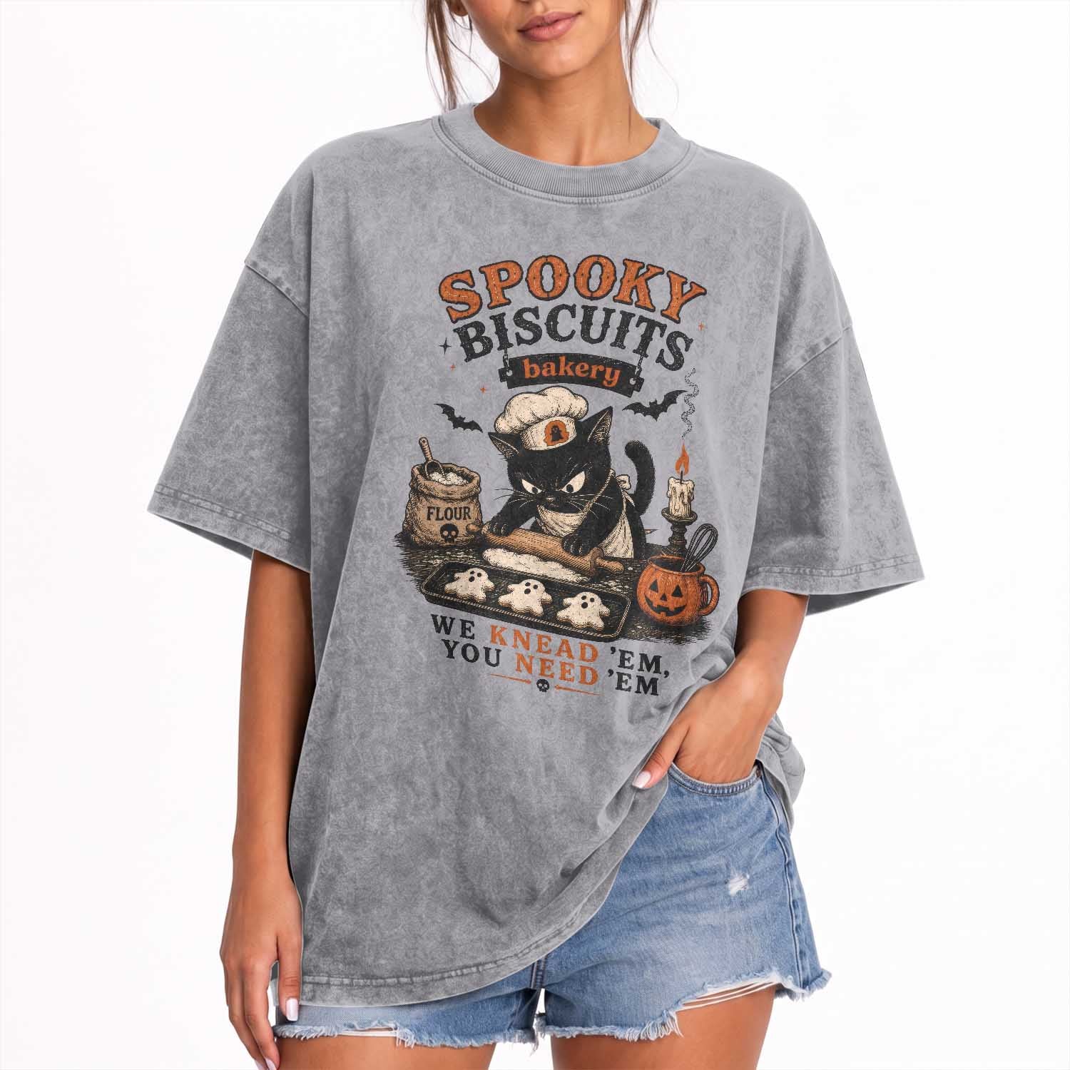 Kitty Biscuits Bakery Black Cat Halloween Washed Cotton T-Shirt Spooky Season Vintage Baking Pumpkin Cat Lover Fall Gift