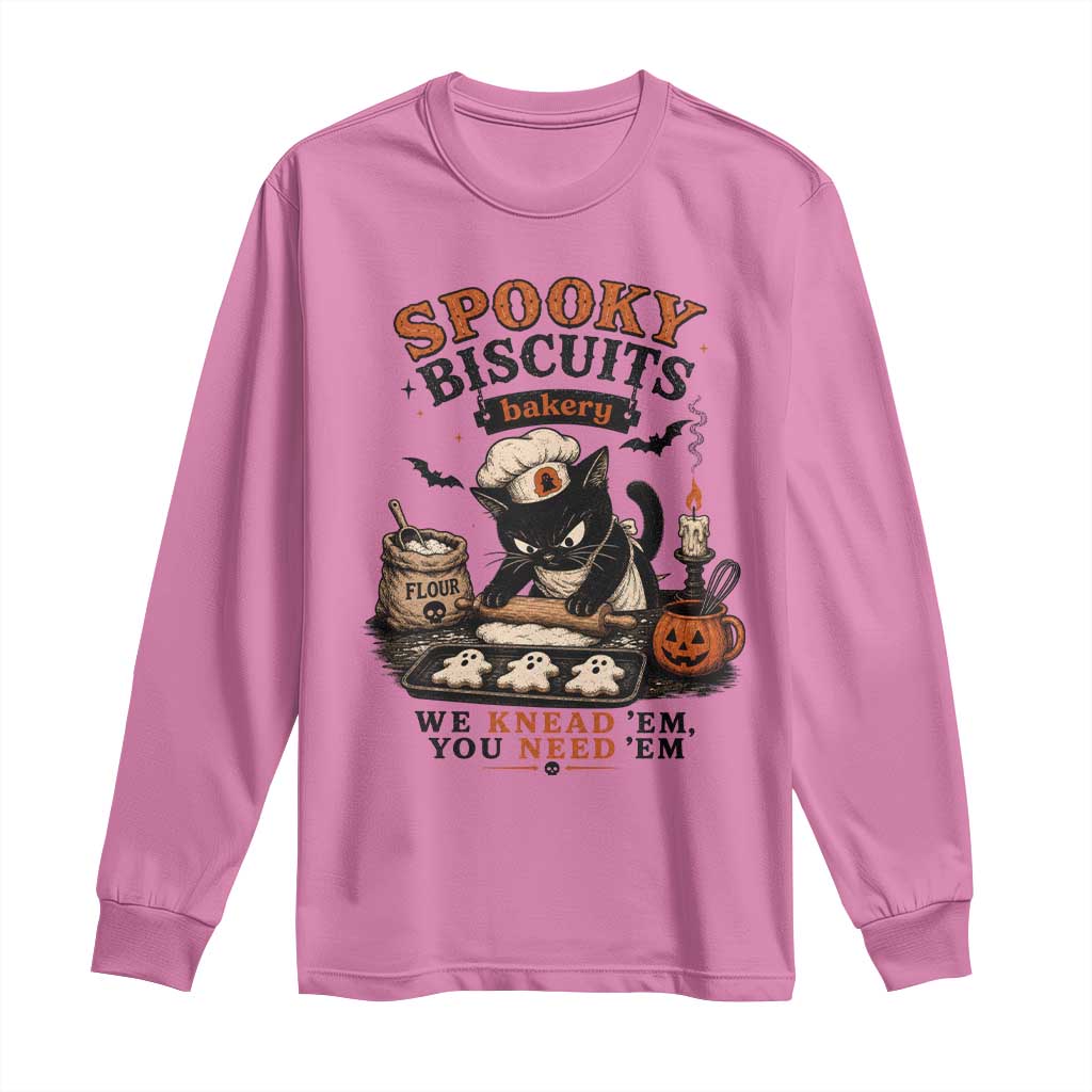 Kitty Biscuits Bakery Black Cat Halloween Long Sleeve Shirt Spooky Season Vintage Baking Pumpkin Cat Lover Fall Gift