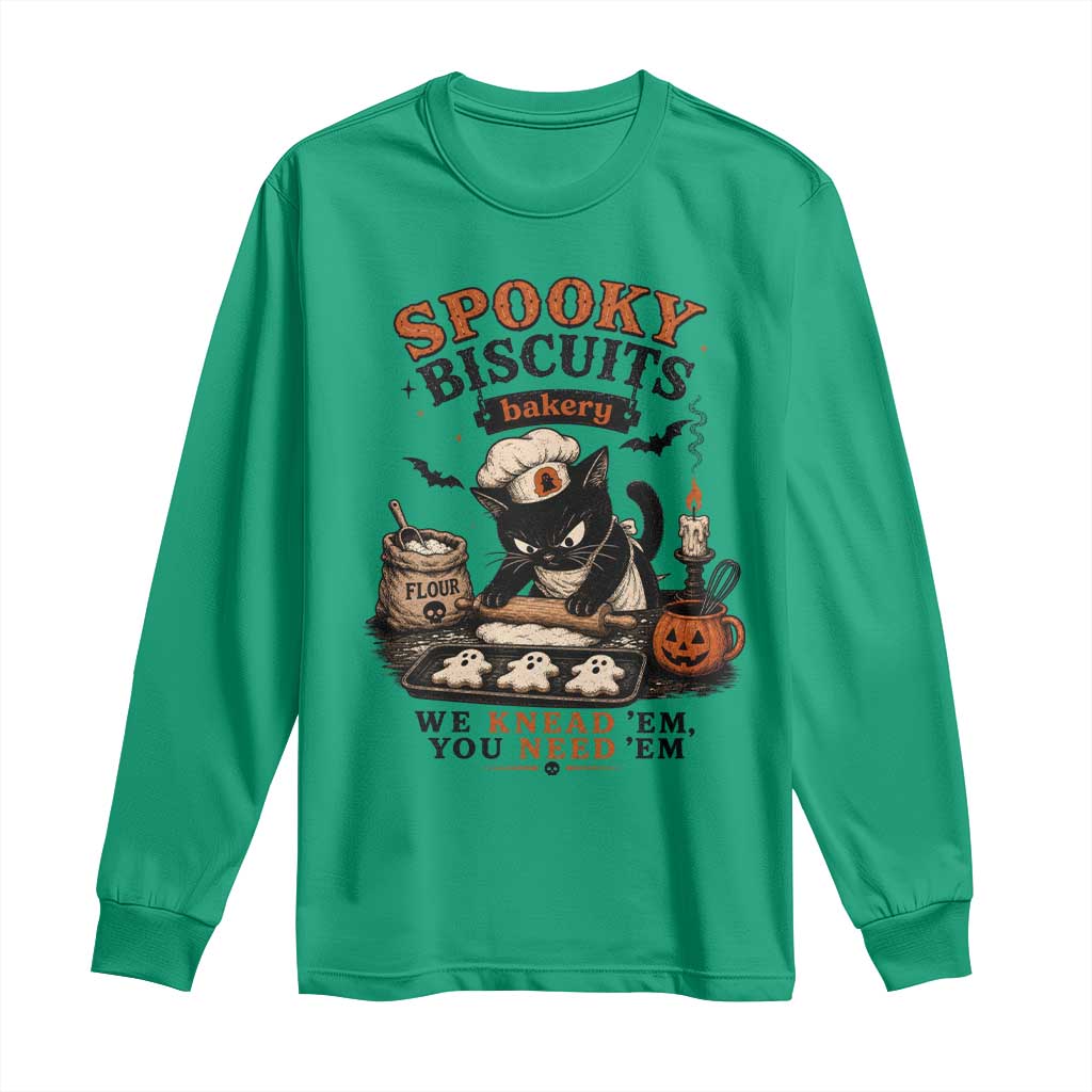 Kitty Biscuits Bakery Black Cat Halloween Long Sleeve Shirt Spooky Season Vintage Baking Pumpkin Cat Lover Fall Gift