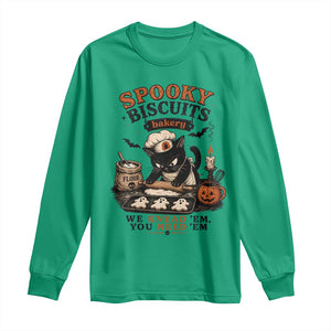 Kitty Biscuits Bakery Black Cat Halloween Long Sleeve Shirt Spooky Season Vintage Baking Pumpkin Cat Lover Fall Gift