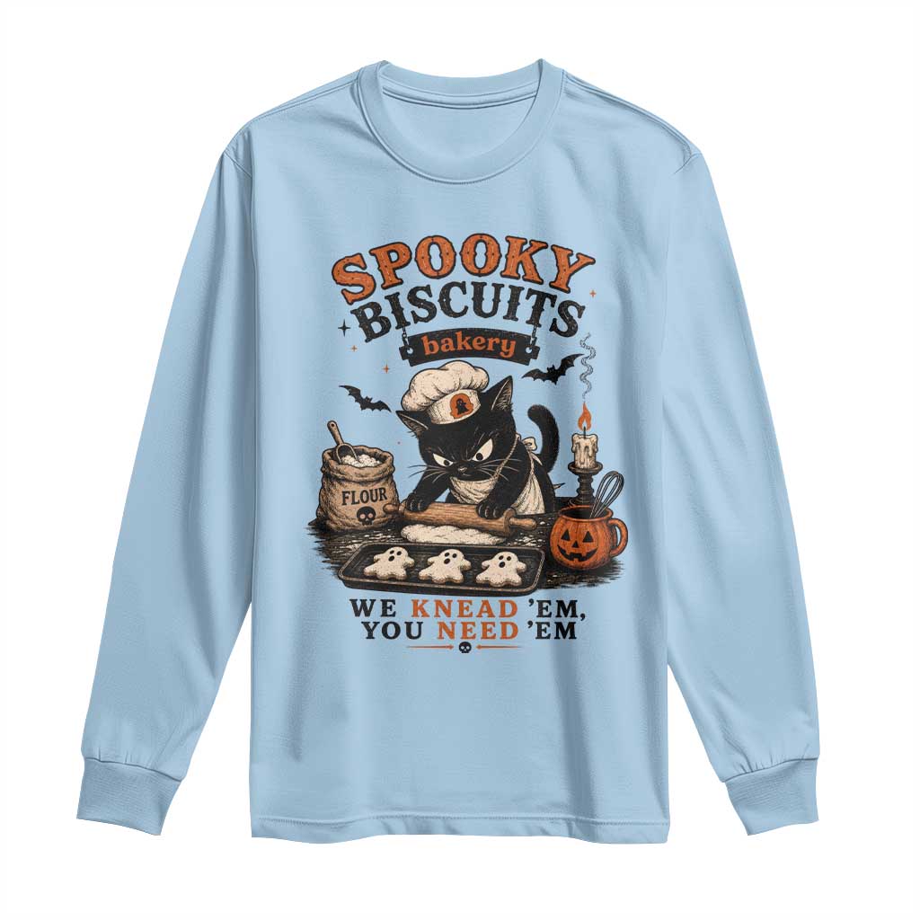 Kitty Biscuits Bakery Black Cat Halloween Long Sleeve Shirt Spooky Season Vintage Baking Pumpkin Cat Lover Fall Gift