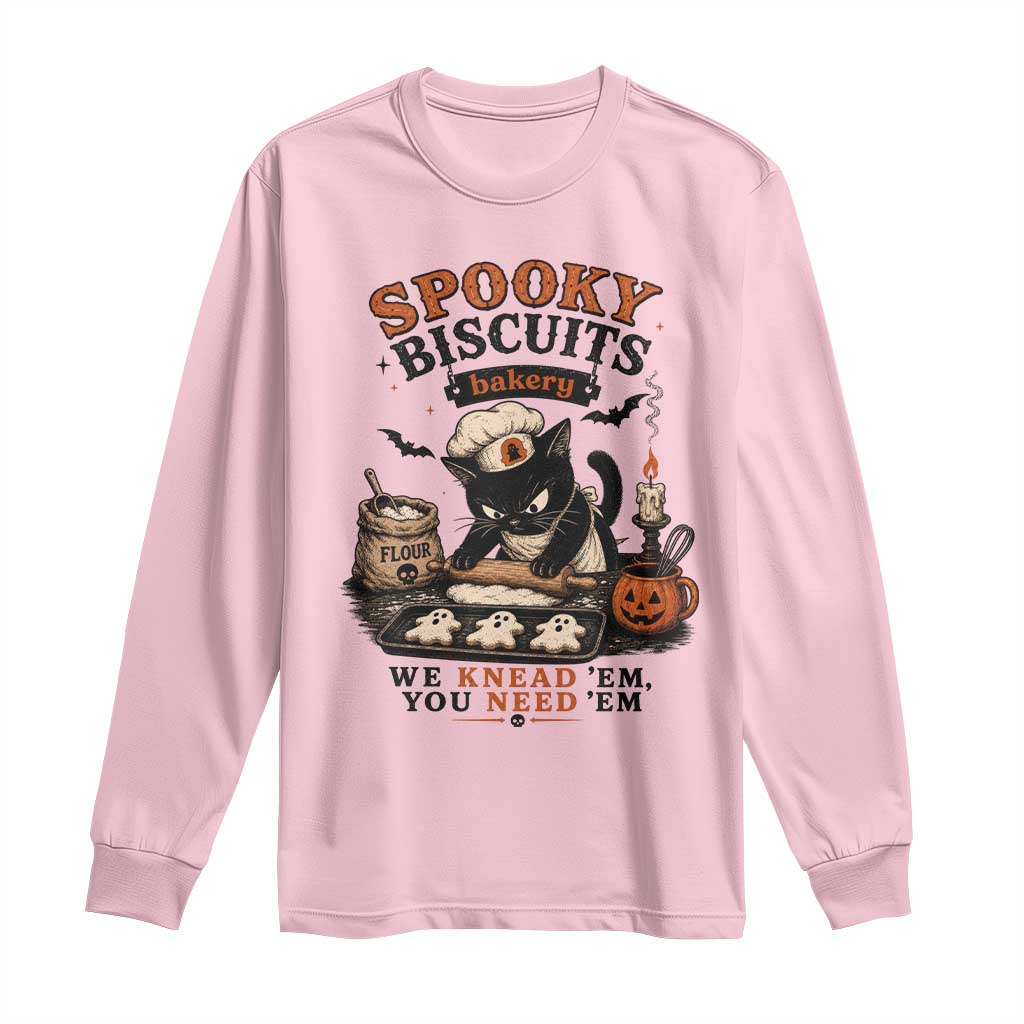 Kitty Biscuits Bakery Black Cat Halloween Long Sleeve Shirt Spooky Season Vintage Baking Pumpkin Cat Lover Fall Gift