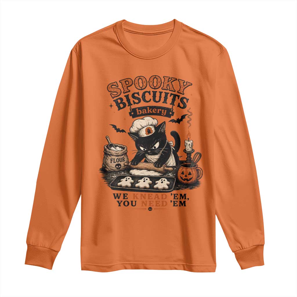 Kitty Biscuits Bakery Black Cat Halloween Long Sleeve Shirt Spooky Season Vintage Baking Pumpkin Cat Lover Fall Gift