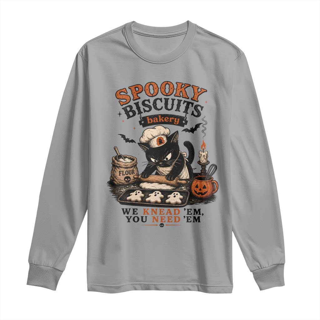 Kitty Biscuits Bakery Black Cat Halloween Long Sleeve Shirt Spooky Season Vintage Baking Pumpkin Cat Lover Fall Gift