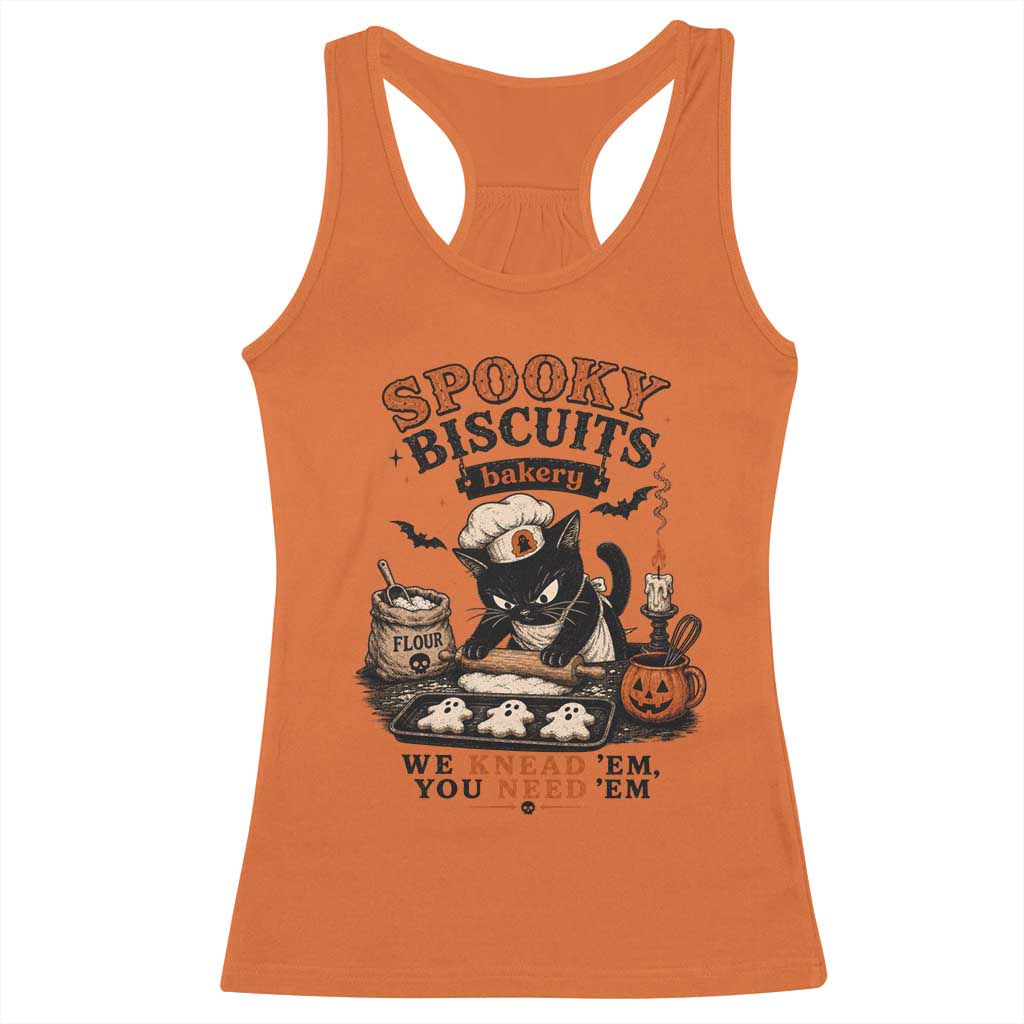 Kitty Biscuits Bakery Black Cat Halloween Racerback Tank Top Spooky Season Vintage Baking Pumpkin Cat Lover Fall Gift