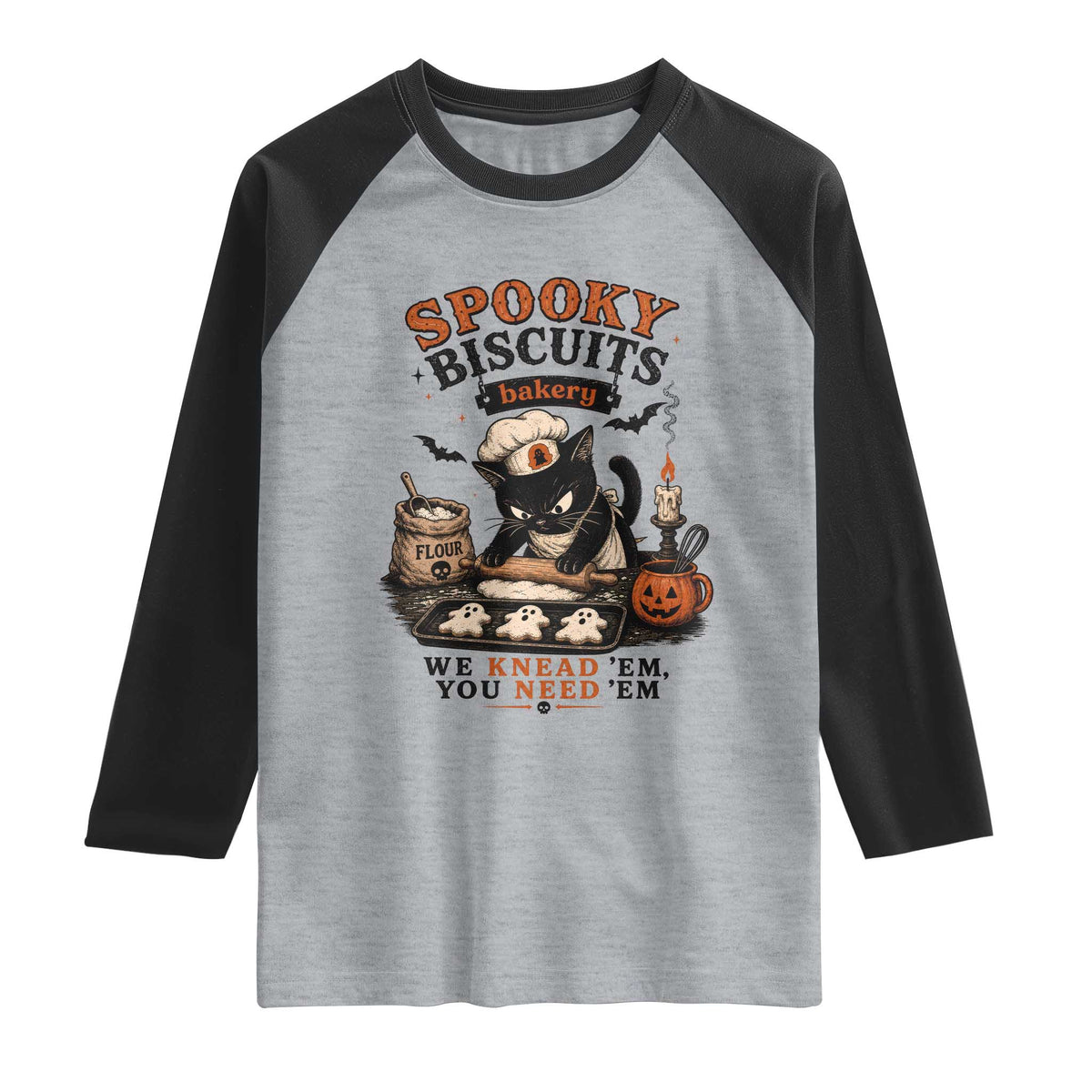 Kitty Biscuits Bakery Black Cat Halloween Raglan Shirt Spooky Season Vintage Baking Pumpkin Cat Lover Fall Gift