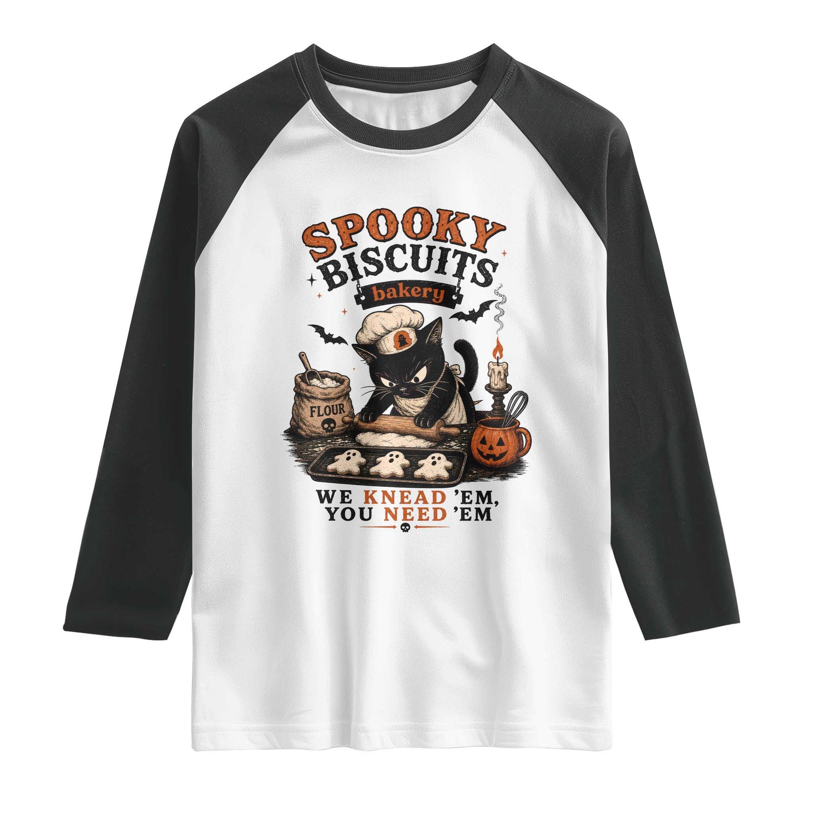 Kitty Biscuits Bakery Black Cat Halloween Raglan Shirt Spooky Season Vintage Baking Pumpkin Cat Lover Fall Gift