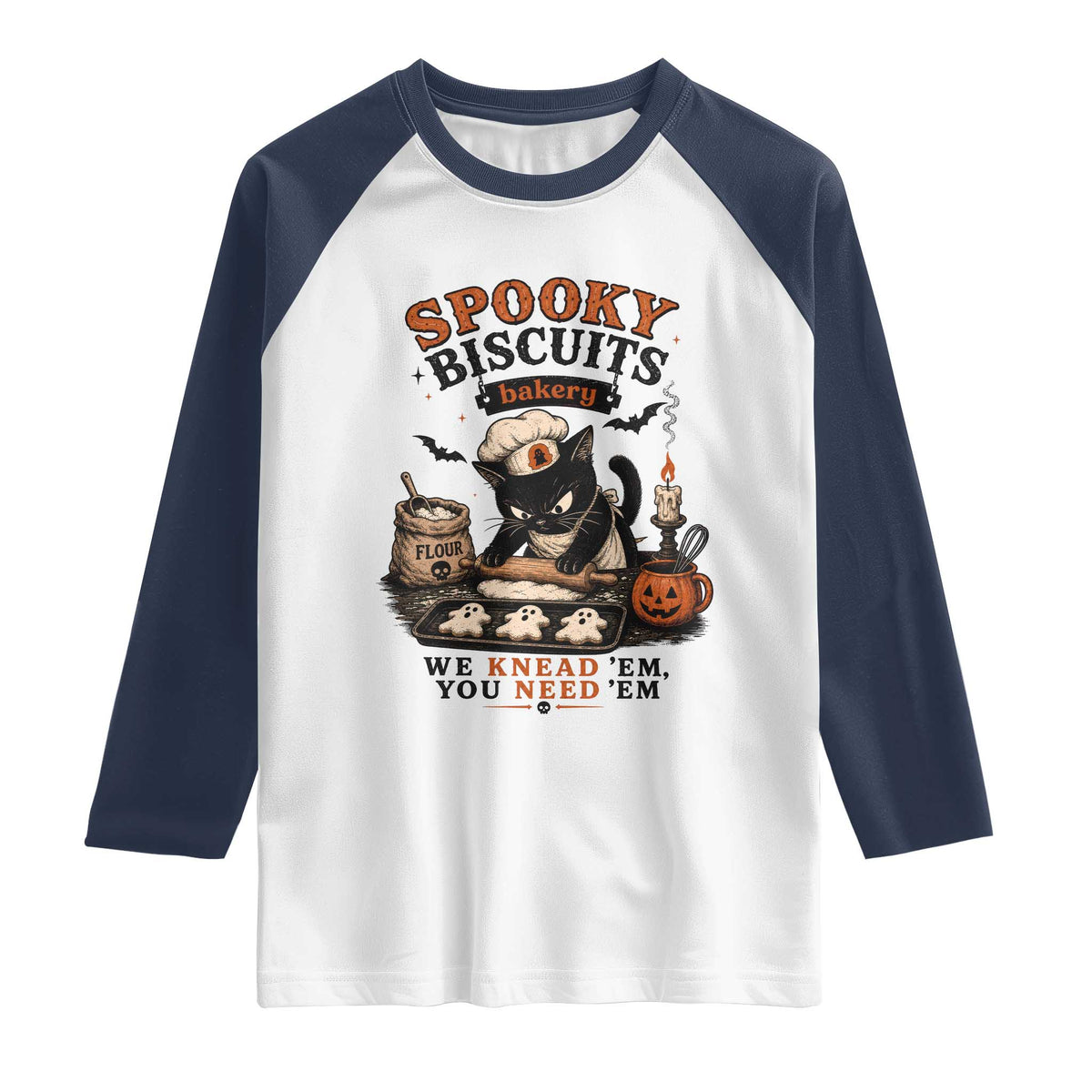 Kitty Biscuits Bakery Black Cat Halloween Raglan Shirt Spooky Season Vintage Baking Pumpkin Cat Lover Fall Gift