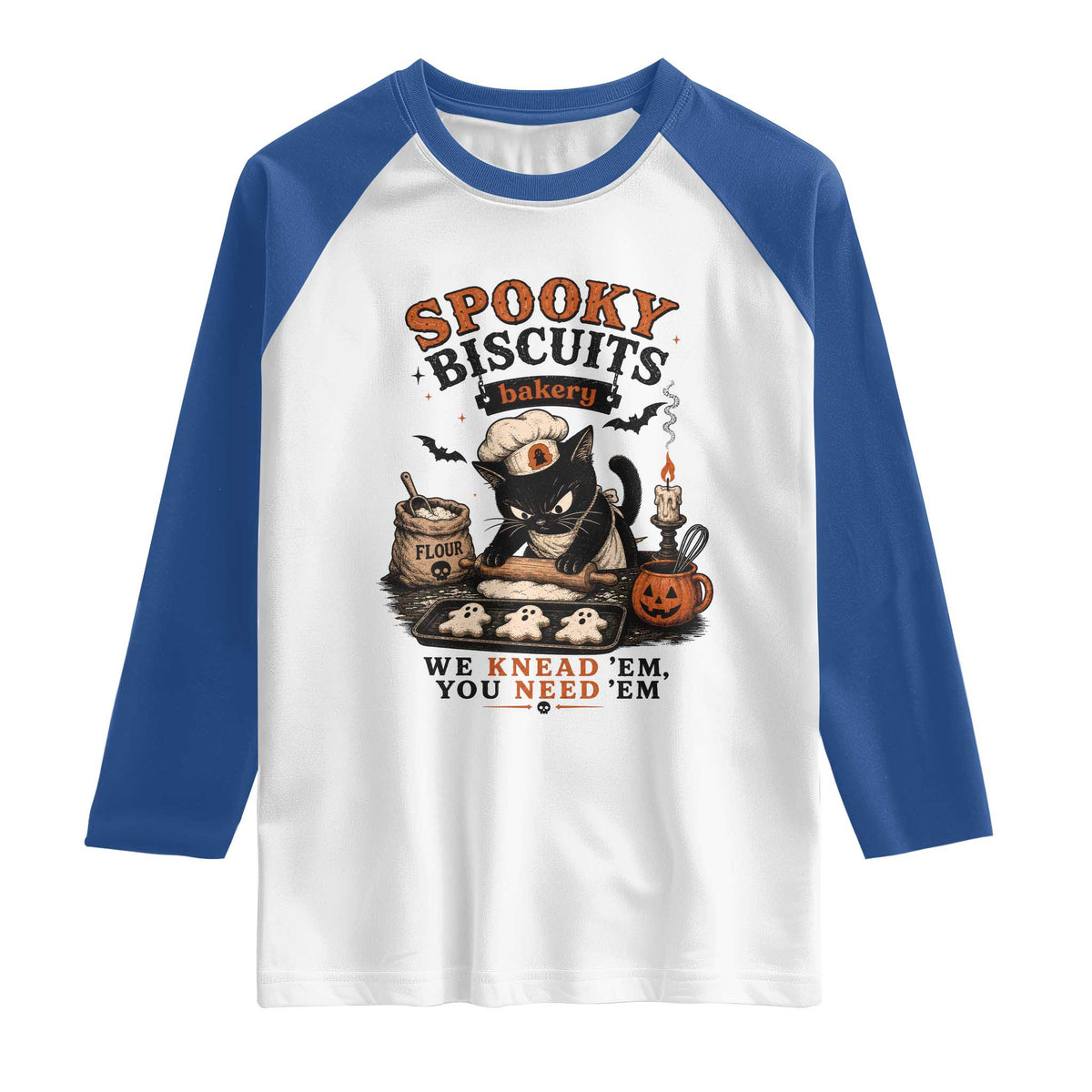Kitty Biscuits Bakery Black Cat Halloween Raglan Shirt Spooky Season Vintage Baking Pumpkin Cat Lover Fall Gift