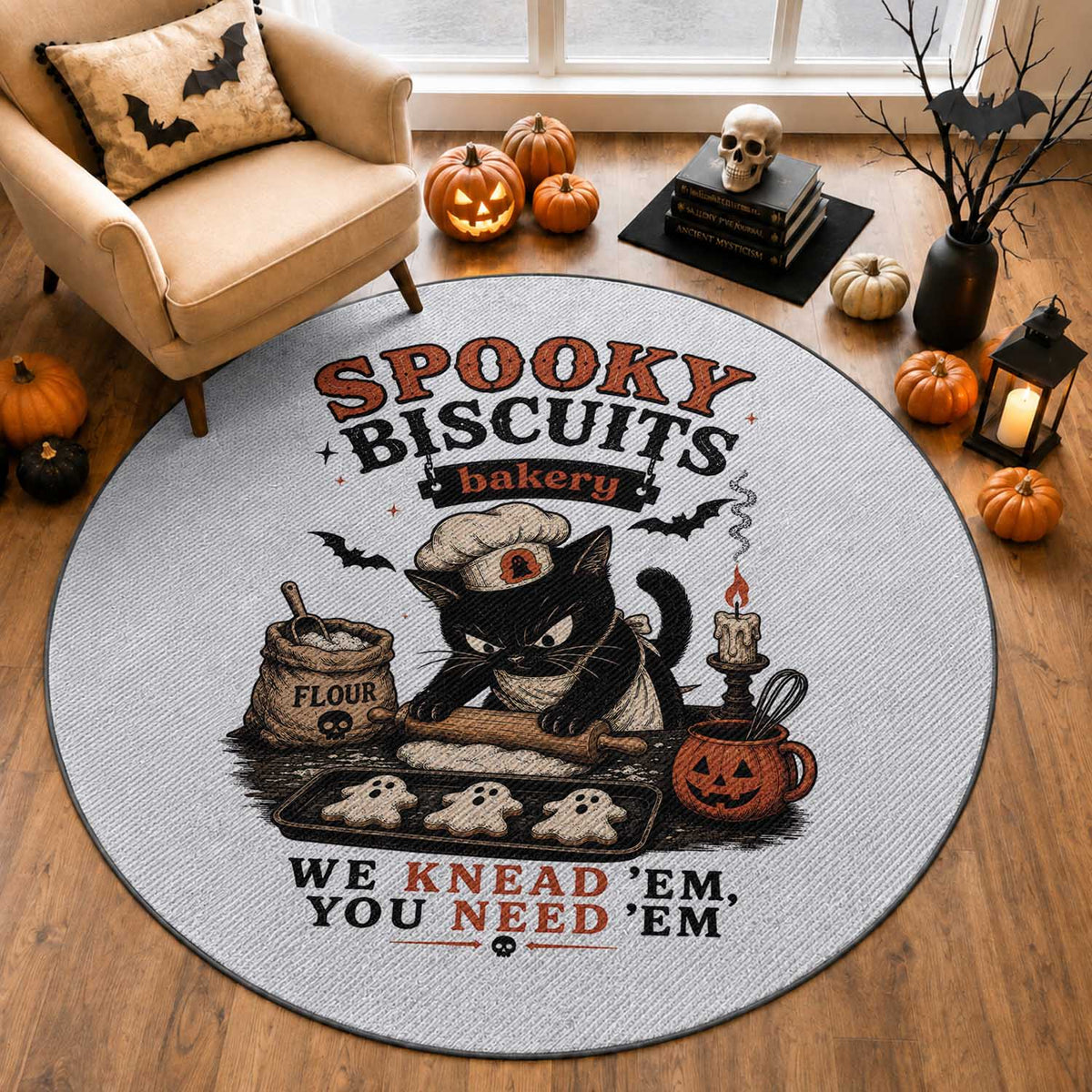 Kitty Biscuits Bakery Black Cat Halloween Round Rug Spooky Season Vintage Baking Pumpkin Cat Lover Fall Gift