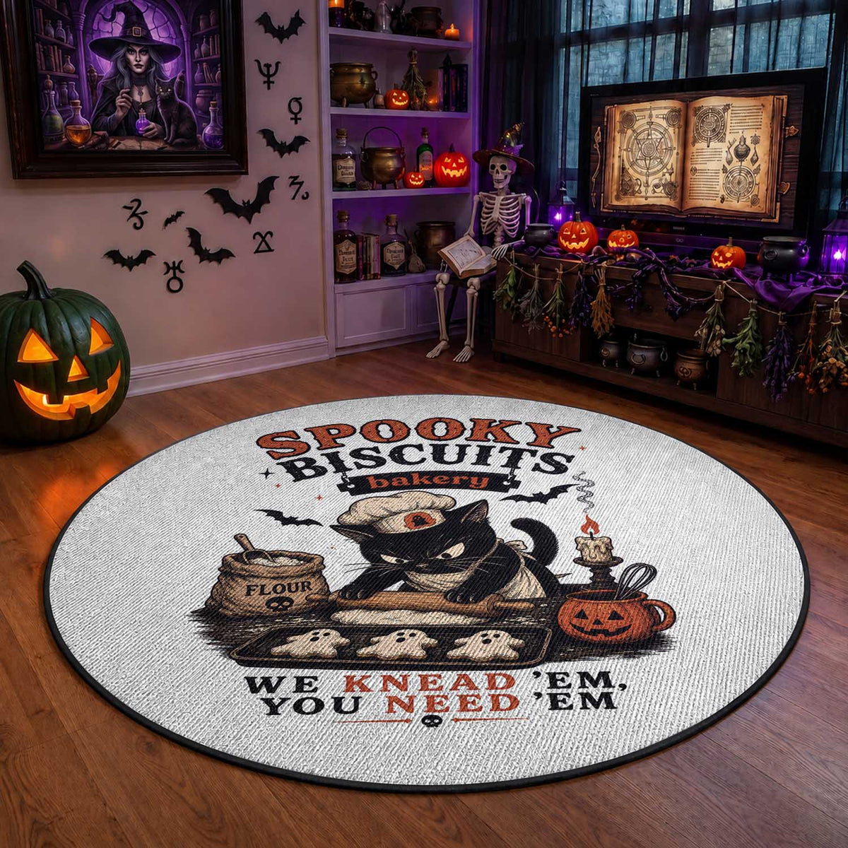 Kitty Biscuits Bakery Black Cat Halloween Round Rug Spooky Season Vintage Baking Pumpkin Cat Lover Fall Gift