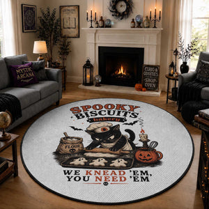 Kitty Biscuits Bakery Black Cat Halloween Round Rug Spooky Season Vintage Baking Pumpkin Cat Lover Fall Gift