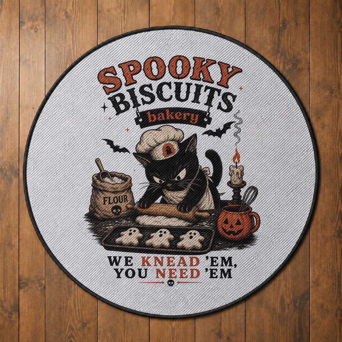 Kitty Biscuits Bakery Black Cat Halloween Round Rug Spooky Season Vintage Baking Pumpkin Cat Lover Fall Gift