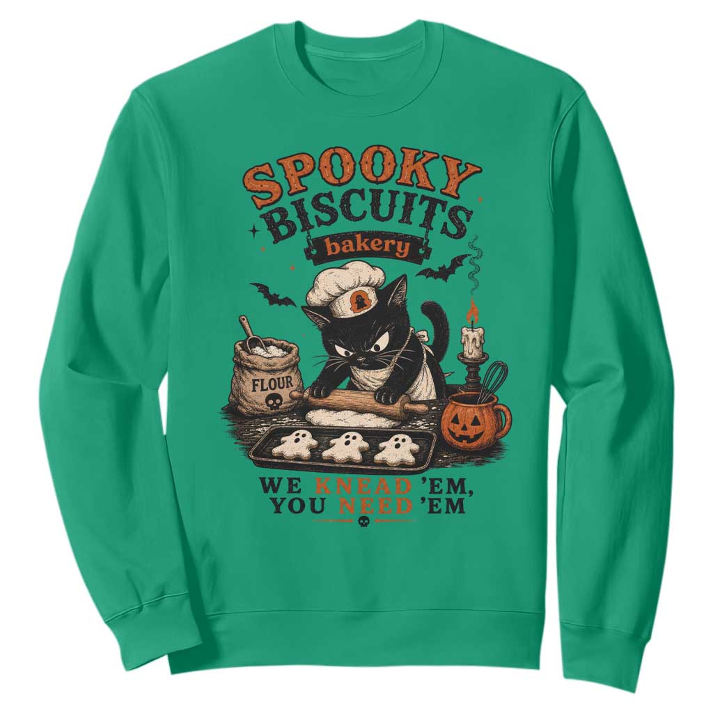 Kitty Biscuits Bakery Black Cat Halloween Sweatshirt Spooky Season Vintage Baking Pumpkin Cat Lover Fall Gift