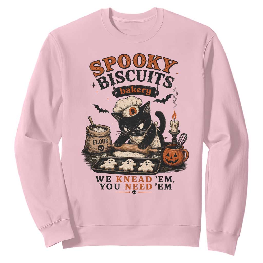 Kitty Biscuits Bakery Black Cat Halloween Sweatshirt Spooky Season Vintage Baking Pumpkin Cat Lover Fall Gift