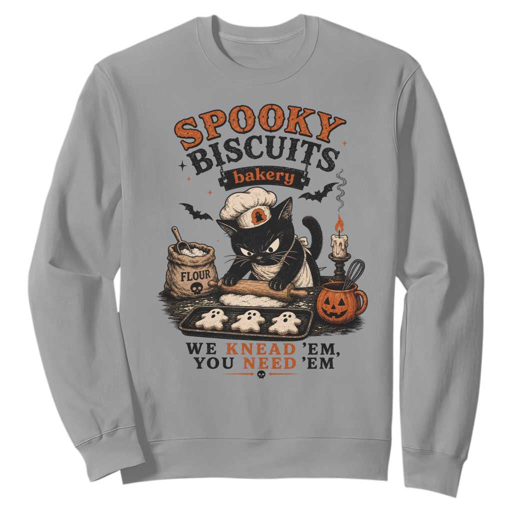 Kitty Biscuits Bakery Black Cat Halloween Sweatshirt Spooky Season Vintage Baking Pumpkin Cat Lover Fall Gift