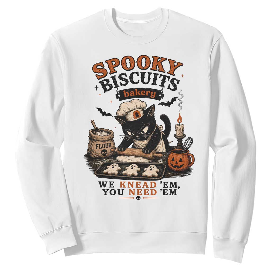 Kitty Biscuits Bakery Black Cat Halloween Sweatshirt Spooky Season Vintage Baking Pumpkin Cat Lover Fall Gift