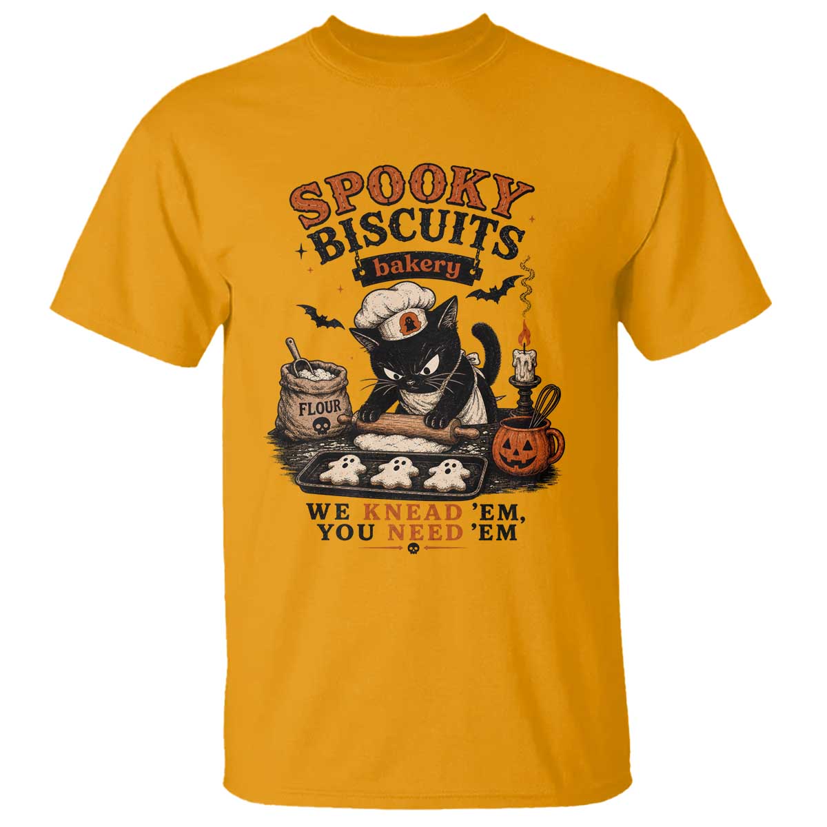 Kitty Biscuits Bakery Black Cat Halloween T Shirt Spooky Season Vintage Baking Pumpkin Cat Lover Fall Gift
