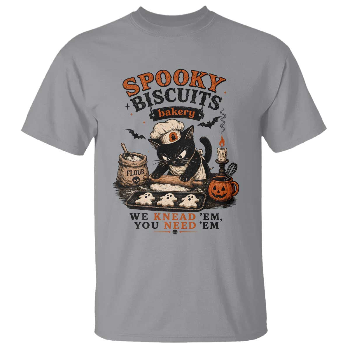 Kitty Biscuits Bakery Black Cat Halloween T Shirt Spooky Season Vintage Baking Pumpkin Cat Lover Fall Gift