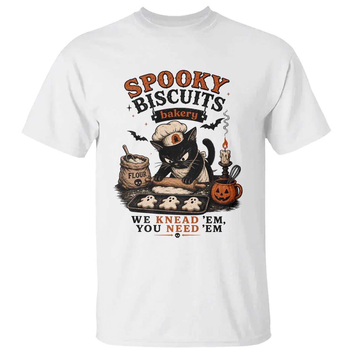Kitty Biscuits Bakery Black Cat Halloween T Shirt Spooky Season Vintage Baking Pumpkin Cat Lover Fall Gift