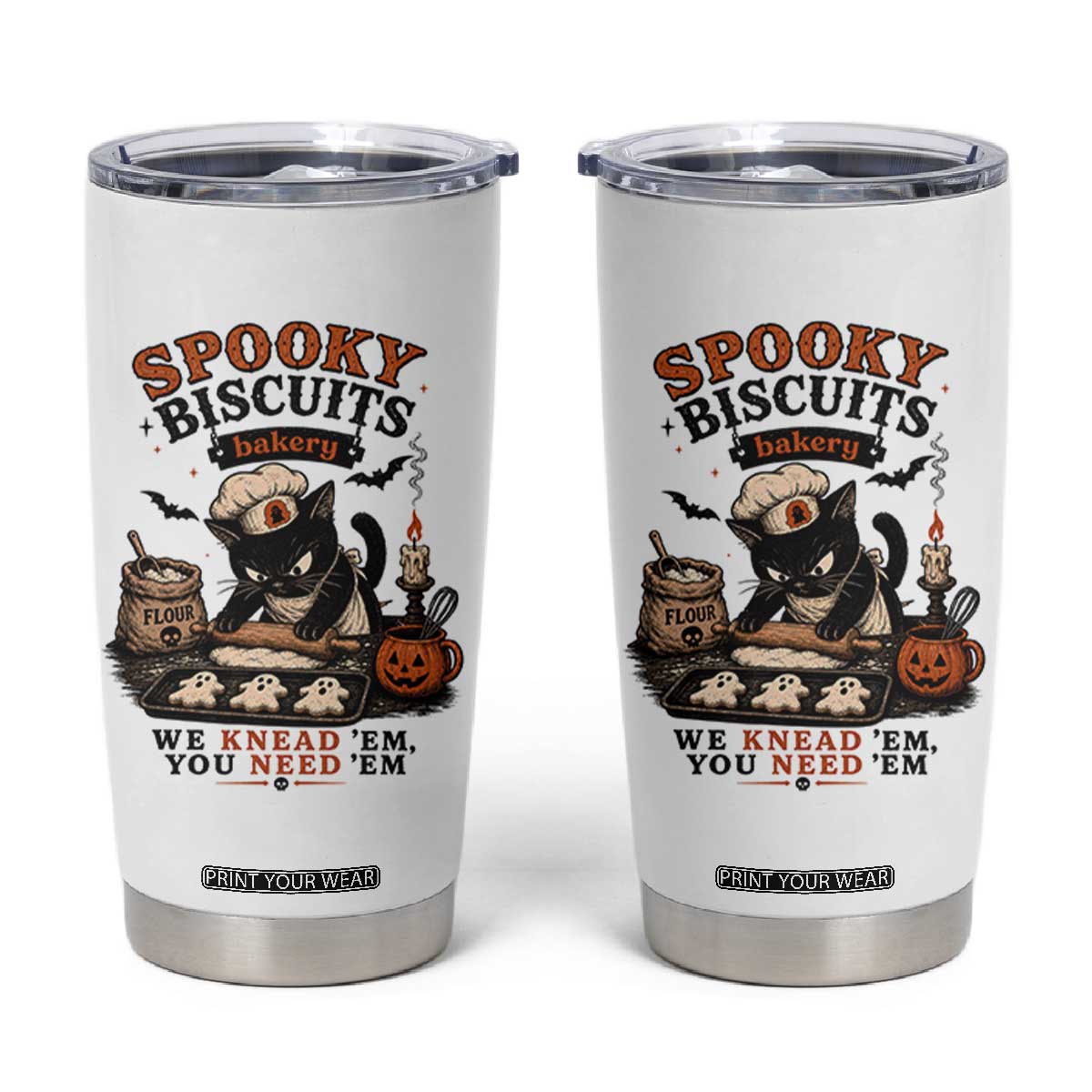 Kitty Biscuits Bakery Black Cat Halloween Tumbler Cup Spooky Season Vintage Baking Pumpkin Cat Lover Fall Gift