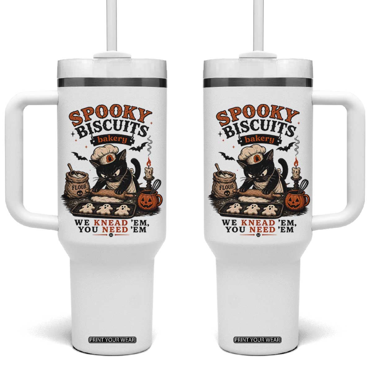 Kitty Biscuits Bakery Black Cat Halloween Tumbler With Handle Spooky Season Vintage Baking Pumpkin Cat Lover Fall Gift