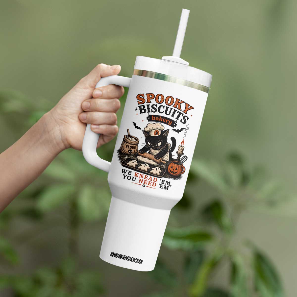 Kitty Biscuits Bakery Black Cat Halloween Tumbler With Handle Spooky Season Vintage Baking Pumpkin Cat Lover Fall Gift