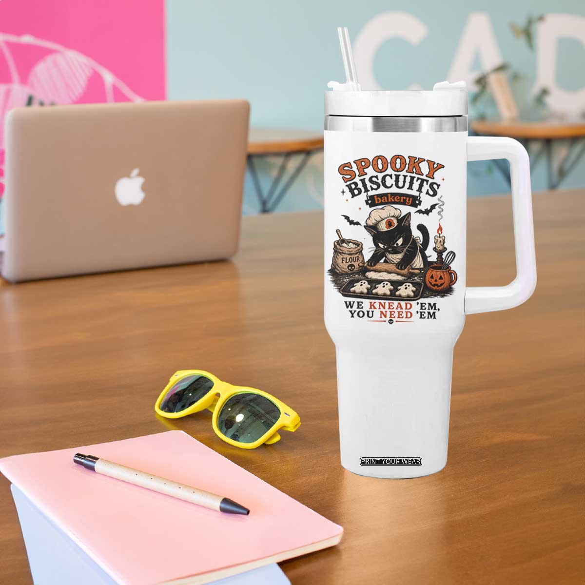 Kitty Biscuits Bakery Black Cat Halloween Tumbler With Handle Spooky Season Vintage Baking Pumpkin Cat Lover Fall Gift