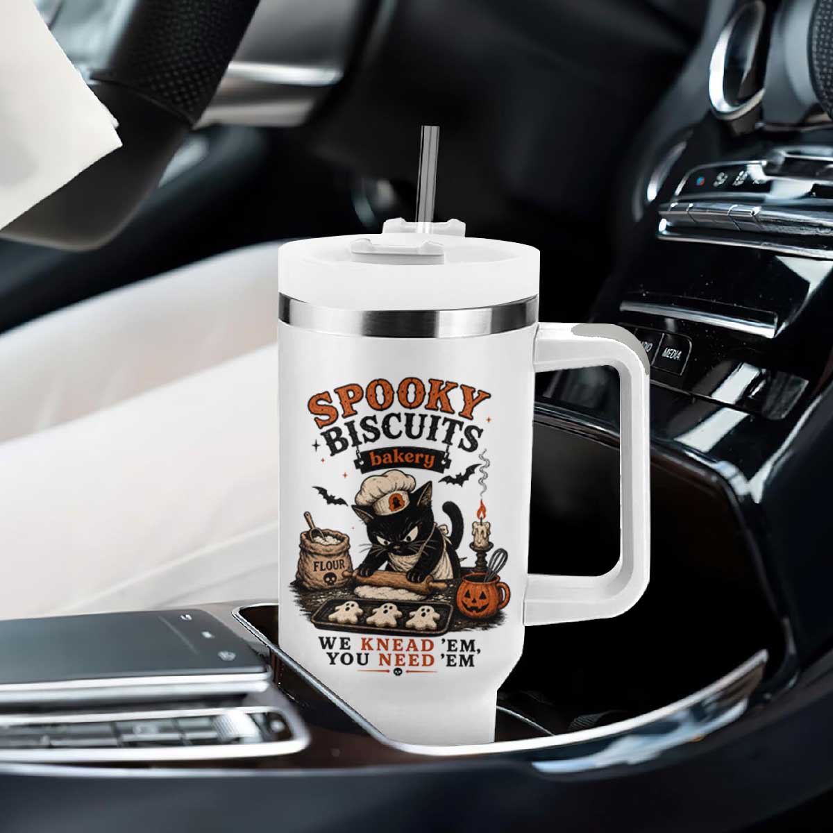 Kitty Biscuits Bakery Black Cat Halloween Tumbler With Handle Spooky Season Vintage Baking Pumpkin Cat Lover Fall Gift