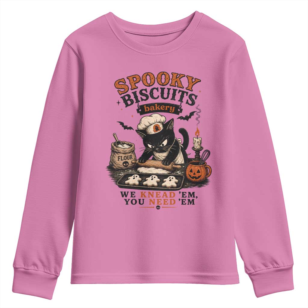 Kitty Biscuits Bakery Black Cat Halloween Youth Sweatshirt Spooky Season Vintage Baking Pumpkin Cat Lover Fall Gift