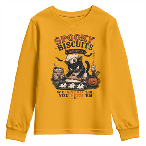 Kitty Biscuits Bakery Black Cat Halloween Youth Sweatshirt Spooky Season Vintage Baking Pumpkin Cat Lover Fall Gift