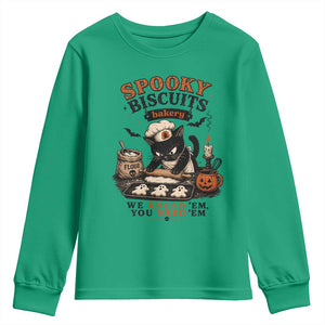 Kitty Biscuits Bakery Black Cat Halloween Youth Sweatshirt Spooky Season Vintage Baking Pumpkin Cat Lover Fall Gift