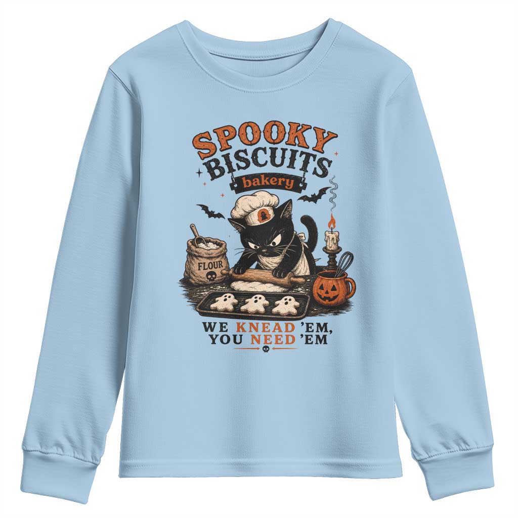 Kitty Biscuits Bakery Black Cat Halloween Youth Sweatshirt Spooky Season Vintage Baking Pumpkin Cat Lover Fall Gift