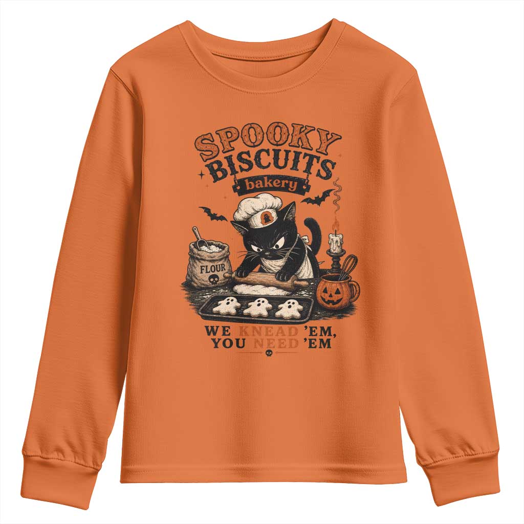 Kitty Biscuits Bakery Black Cat Halloween Youth Sweatshirt Spooky Season Vintage Baking Pumpkin Cat Lover Fall Gift