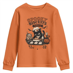 Kitty Biscuits Bakery Black Cat Halloween Youth Sweatshirt Spooky Season Vintage Baking Pumpkin Cat Lover Fall Gift