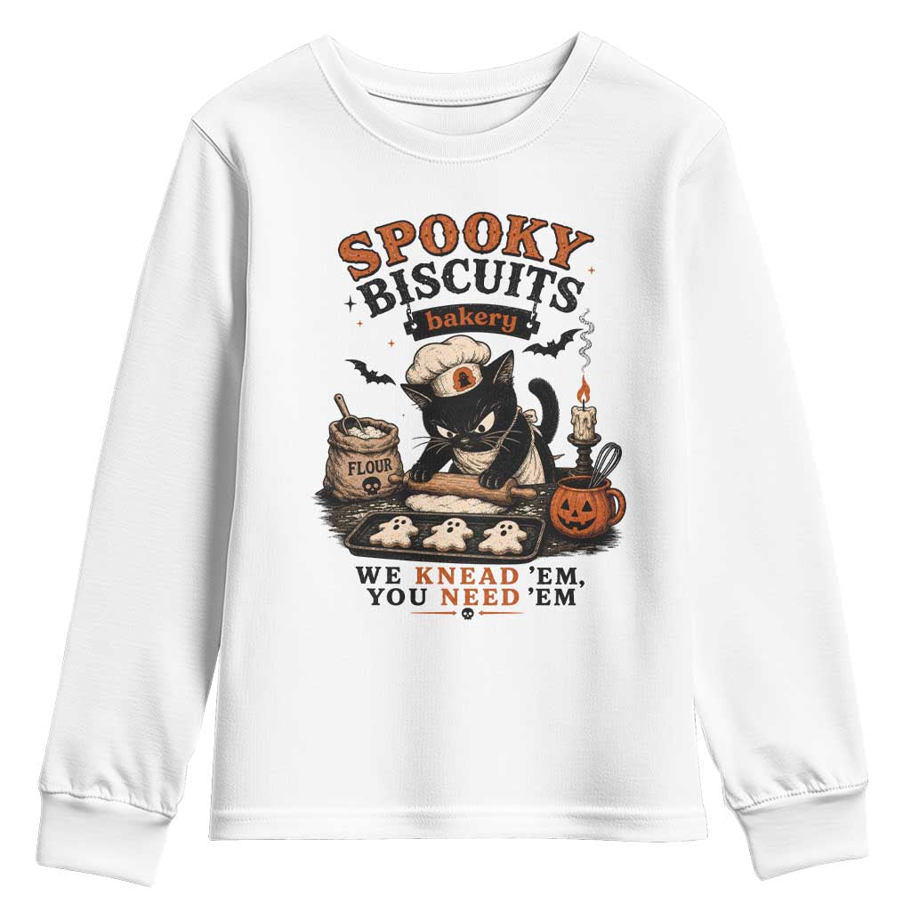Kitty Biscuits Bakery Black Cat Halloween Youth Sweatshirt Spooky Season Vintage Baking Pumpkin Cat Lover Fall Gift