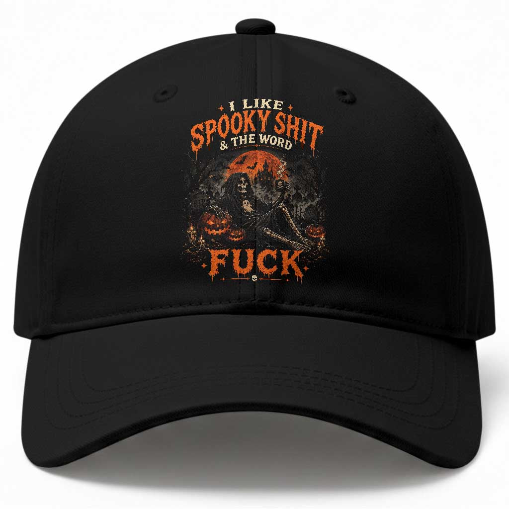 I Like Spooky Shit Grim Reaper Coffee Drinking Halloween Graphic Baseball Cap