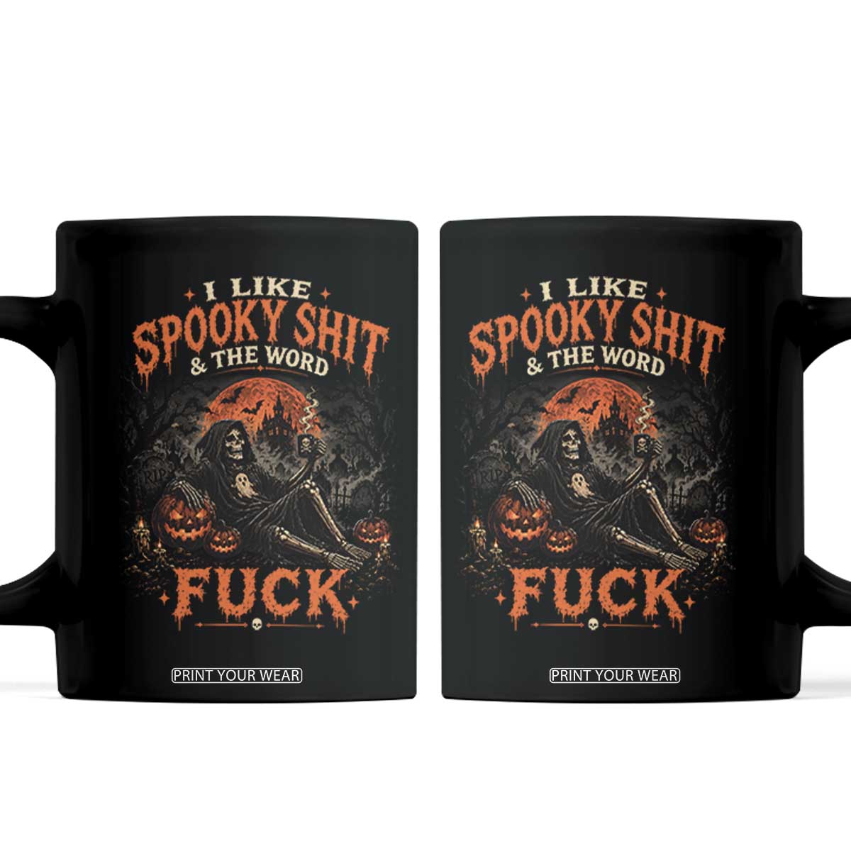 I Like Spooky Shit Grim Reaper Coffee Drinking Halloween Graphic Coffee Mug