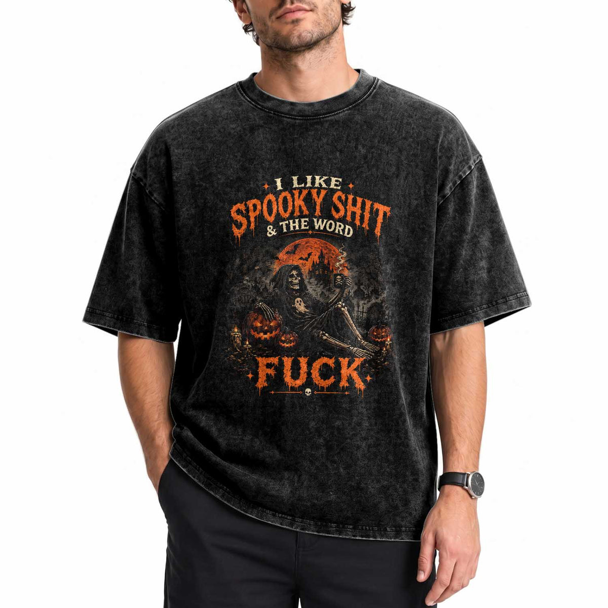 I Like Spooky Shit Grim Reaper Coffee Drinking Halloween Graphic Washed Cotton T-Shirt